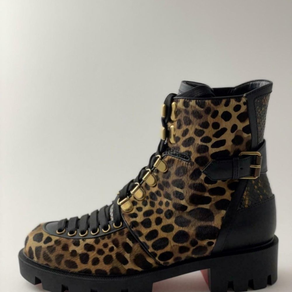NIB Christian Louboutin MACADEMIA Leopard Pony Lace Up Moto Biker Combat Boots - Picture 6 of 12